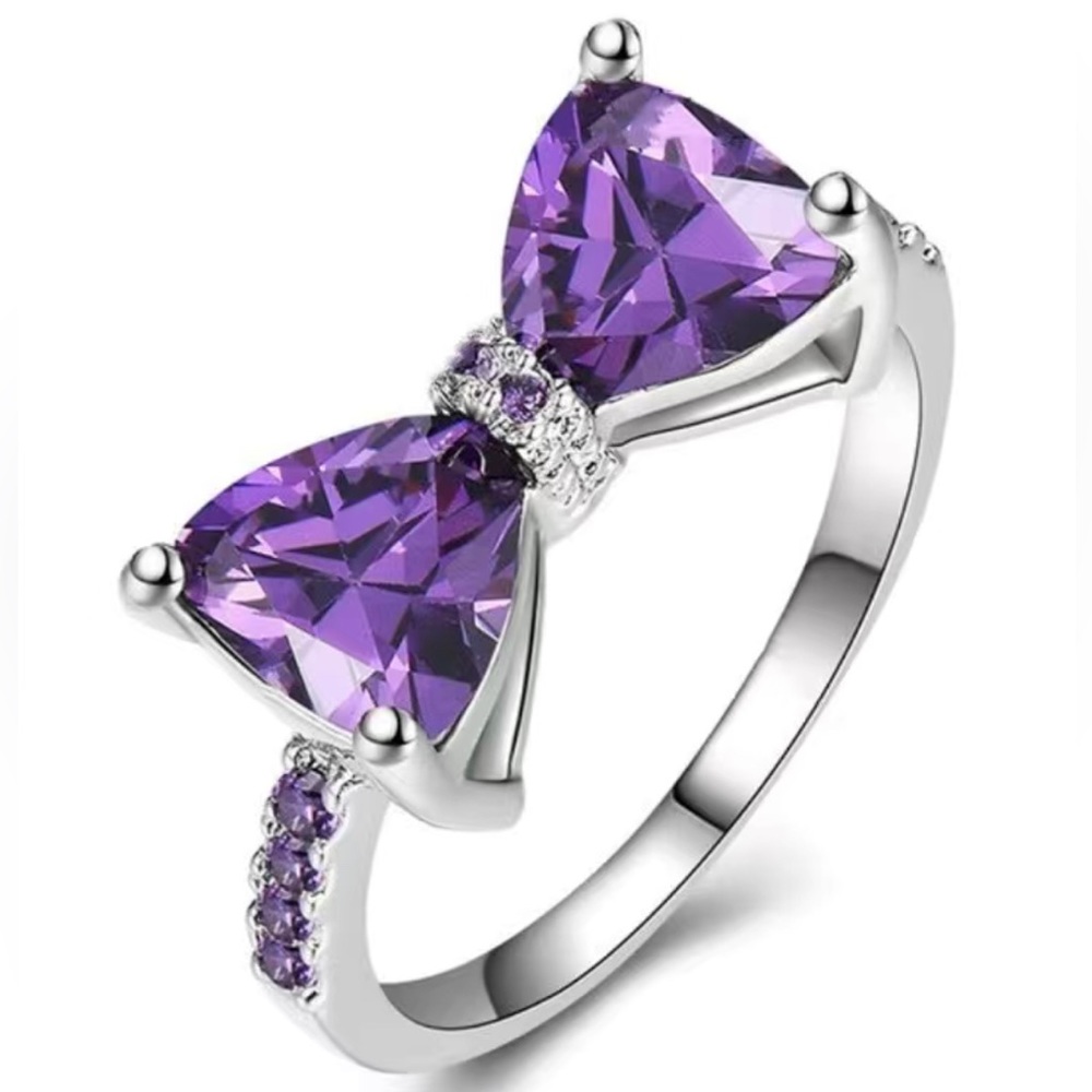 Cute & Dainty Simulated Amethyst Bow Tie Ring
